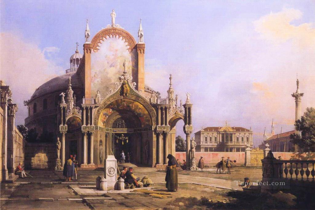 capriccio of a round church with an elaborate gothic portico in a piazza a palladian piazza and 1755 Canaletto Oil Paintings